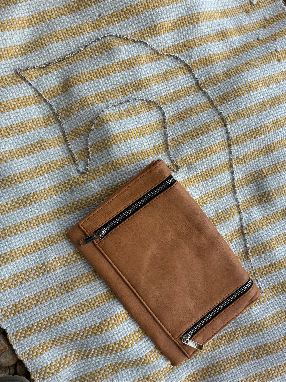 Tan Clutch with Silver Zipper Accents and Detachable Chain Strap
